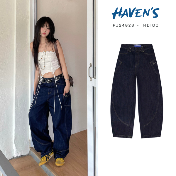 Quần Jeans HAVEN'S unisex dáng bầu túi sườn ống cong thêu chữ BY HAVEN'S bản CAO CẤP
