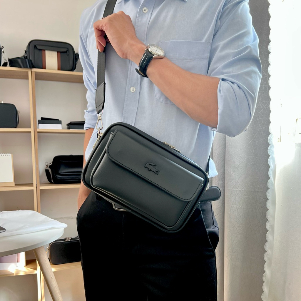 Túi da nam đeo chéo LACOS cao cấp đen trơn nhiều ngăn, DA MICROFIBER chống thấm nước, thiết kế basic