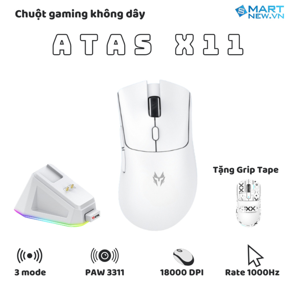 Chuột gaming không dây ATAS X11 - 3 chế độ kết nối - Mắt đọc PAW3311 -  Hỗ trợ App macro - Dock sạc