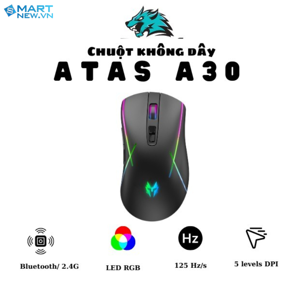 Chuột gaming không dây A30 - 3 chế độ kết nối - Led RGB - Thiết kế công thái học - Dung lượng pin khủng 500mAh
