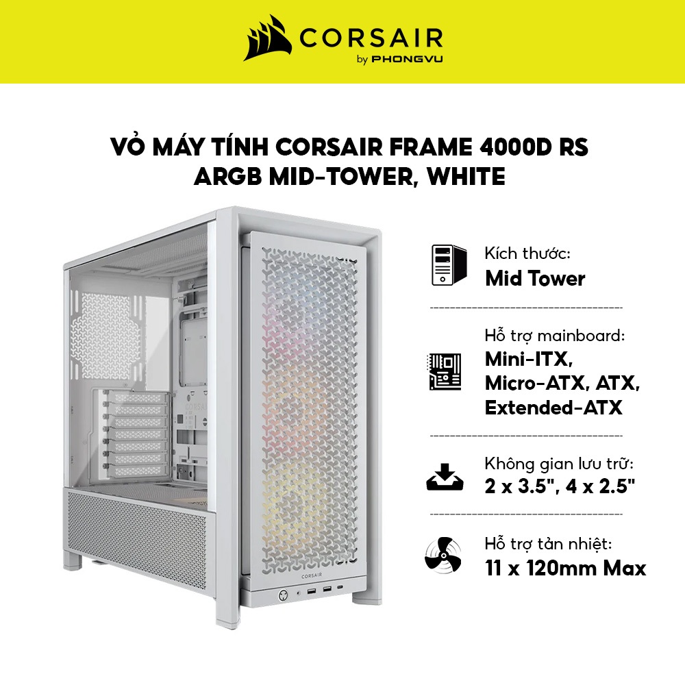 Vỏ Máy Tính Corsair FRAME 4000D RS ARGB Mid-Tower - Hỗ Trợ GPU 50 Series - Bảo Hành 24 Tháng