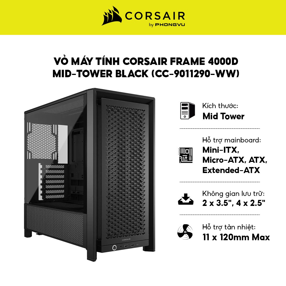 Vỏ Máy Tính Corsair FRAME 4000D Mid-Tower - Hỗ Trợ Mainboard Giấu Dây - Bảo Hành 24 Tháng