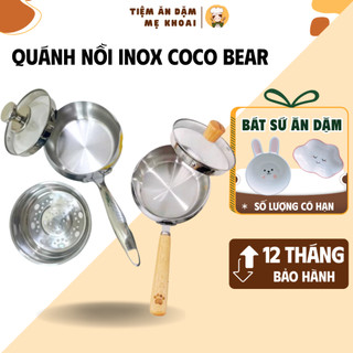  Quánh Inox 304 Nguyên Khối Coco Bear nồi inox 3 Đáy Dày Nắp Kính Cường Lực An Toàn Cho Bé Ăn Dặm 