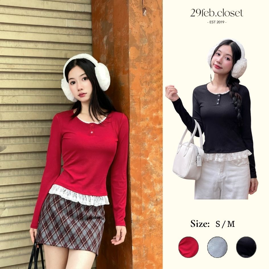 Áo Thun Thu Đông Cổ Tròn Tay Dài Tay Phối Ren - 29feb.closet- a581 | BigBuy360 - bigbuy360.vn