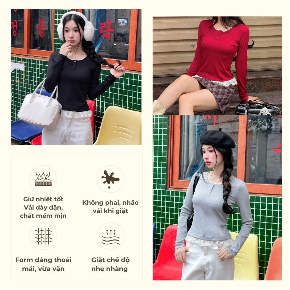 Áo Thun Thu Đông Cổ Tròn Tay Dài Tay Phối Ren - 29feb.closet- a581 | BigBuy360 - bigbuy360.vn