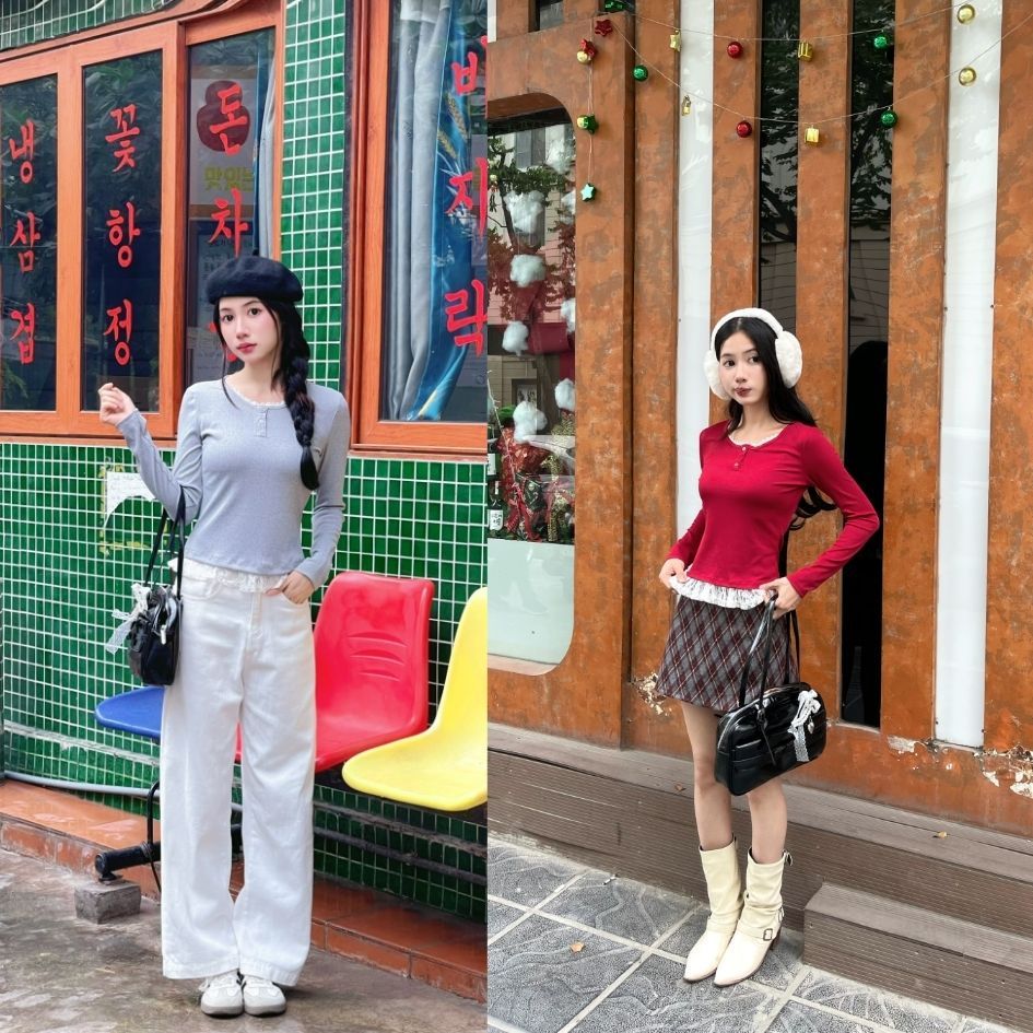 Áo Thun Thu Đông Cổ Tròn Tay Dài Tay Phối Ren - 29feb.closet- a581 | BigBuy360 - bigbuy360.vn