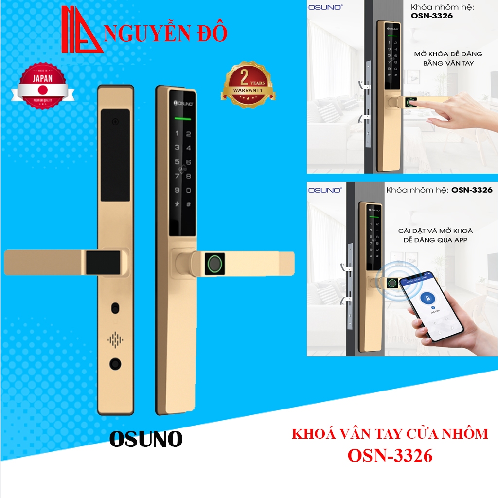 Khoá vân tay cửa nhôm OSUNO OSN-3326 tiêu chuẩn Nhật Bản 6 tính năng nổi bật, cảm biến vân tay live-