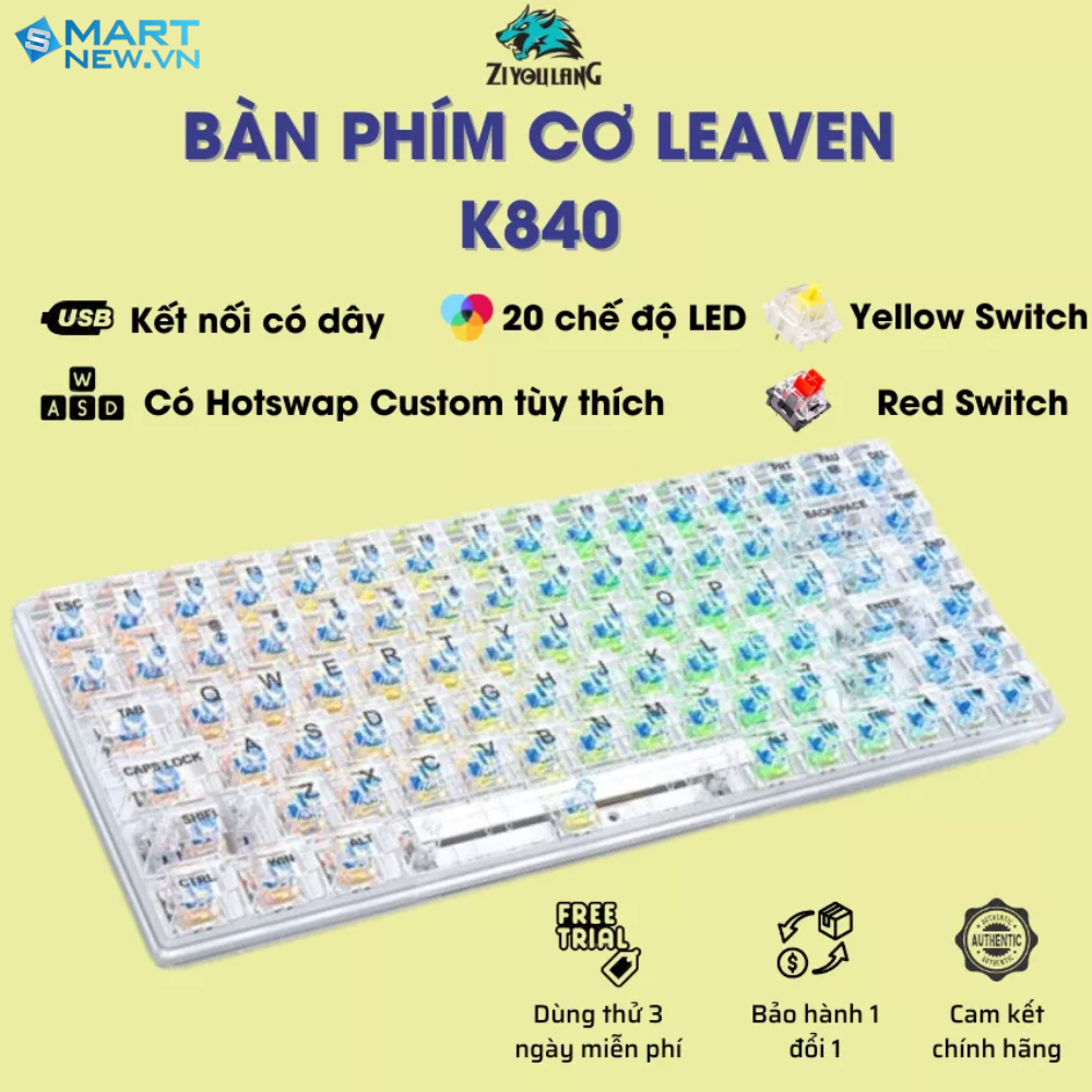 Bàn phím cơ Gaming TKL trong suốt K840 84 phím -LED Rainbow -Hot-swap -Red/Yellow Switch -Chính hãng