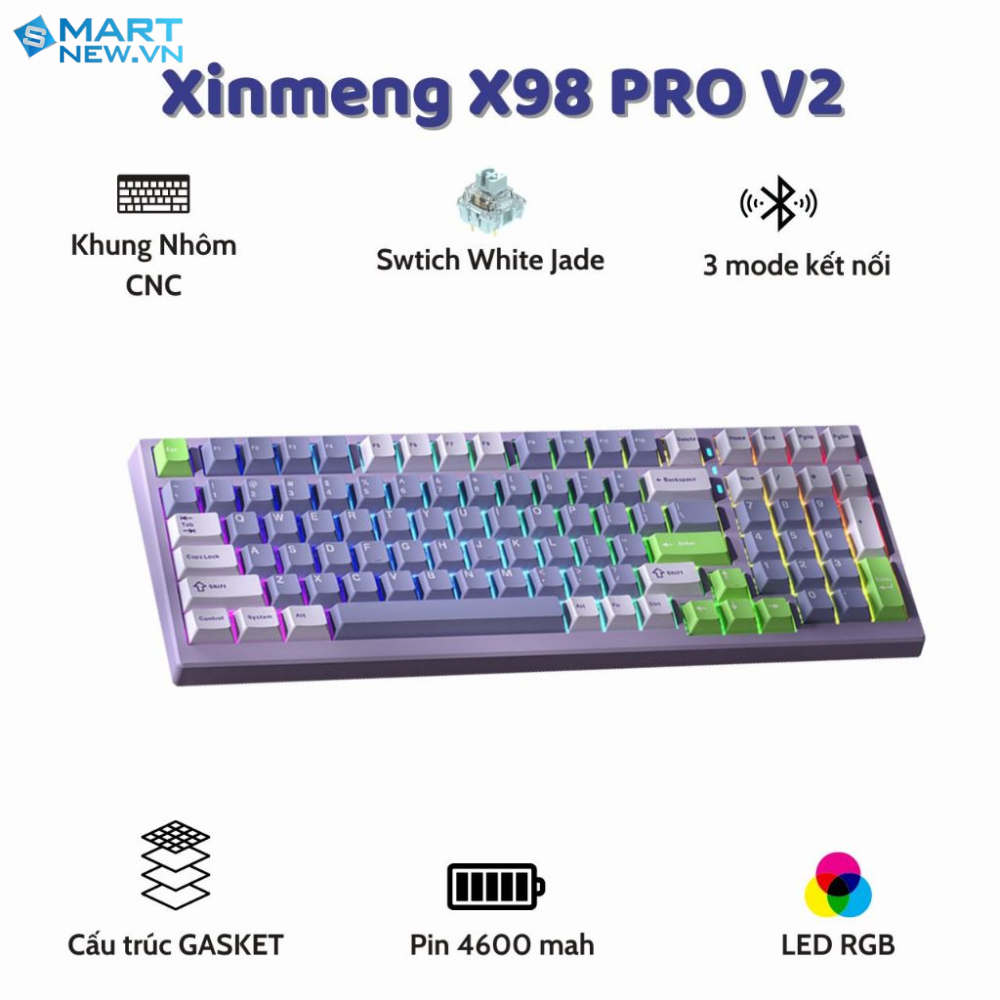 Bàn Phím Cơ Xinmeng X98 Pro Full Size Không Dây Bluetooth Led RGB - Mạch xuôi - App Marco - Phím PBT