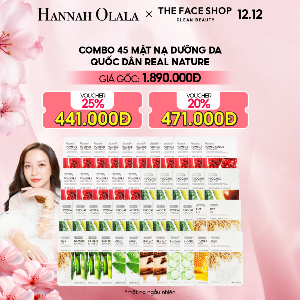   LivestreamxHannah  Combo 45 Mặt Nạ Mix Quốc Dân Dưỡng Mịn Da Mỗi Ngày THE FACE SHOP Real Nature 20g 