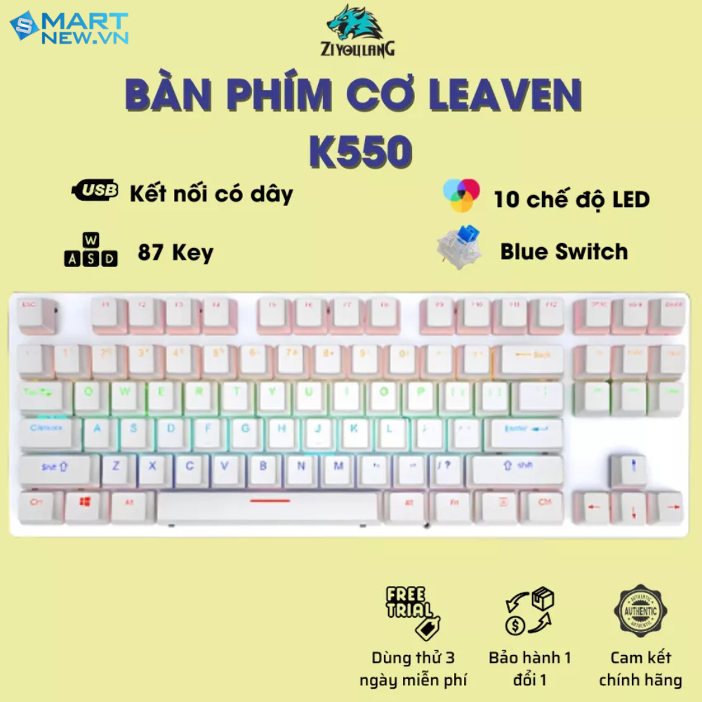 Bàn phím cơ Gaming Leaven K550 Red / Blue Switch TKL 87 phím, Led Rainbow , Chống nước
