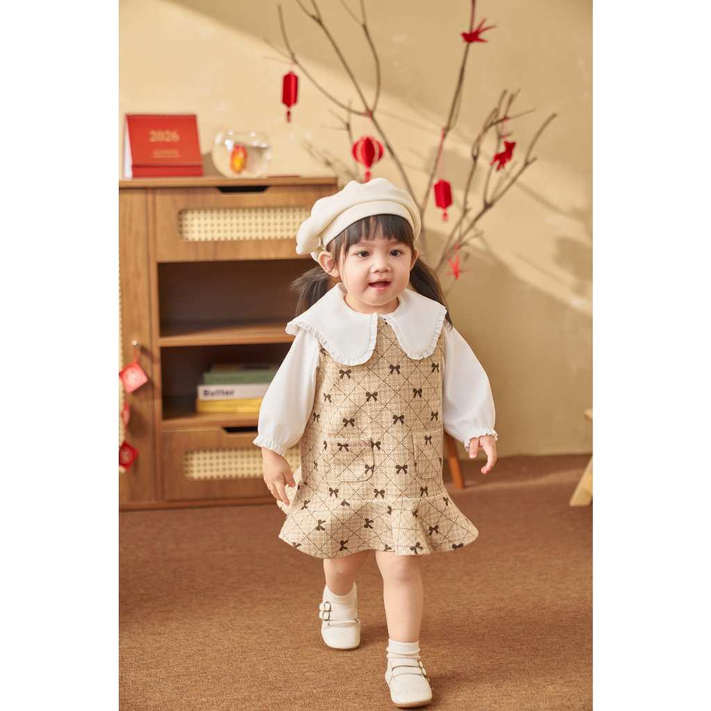 Set Váy Dạ Obebi Họa Tiết Nơ Có Túi Thời Trang Obebi Cho Bé Gái Từ 8-23kg CB162: Combo A532+V69