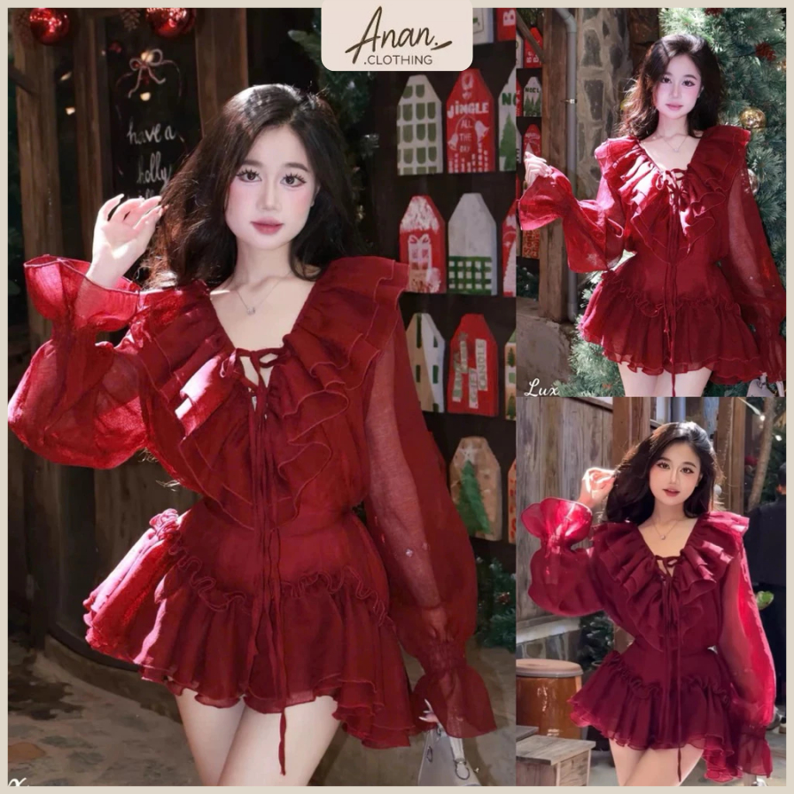 Đầm đỏ tay dài xoè tầng tiểu thư – đầm babydoll tiệc Noel Tết - Ananclothing