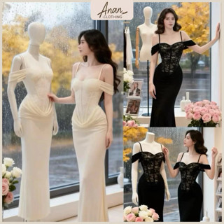  Đầm Ôm Body Trễ Vai Nhún Eo Dáng Dài Đuôi Cá Sang Trọng Đầm Dự Tiệc Ren Quyến Rũ Sexy - Ananclothing 