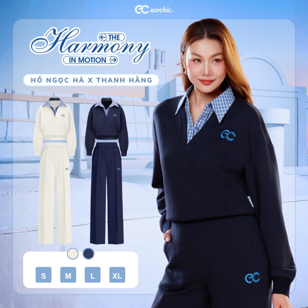 (Tặng nước hoa) Set Bộ ECOCHIC Áo Polo Cổ V Phối Caro Quần Suông Dài Basic Cao Cấp Mềm Mịn Chính Hãn