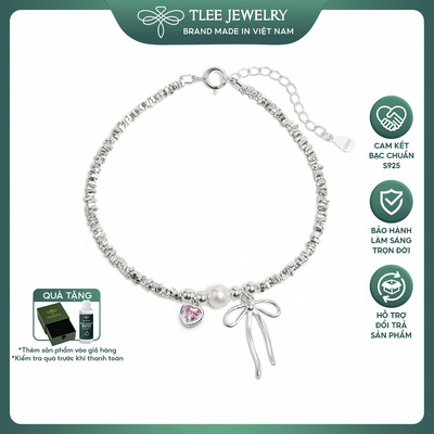 Lắc tay bạc nữ TLEE hạt bạc vỡ treo Charm nơ thắt và trái tim đá hồng điểm trai nước ngọt tự nhiên TLEE JEWELRY LT0212
