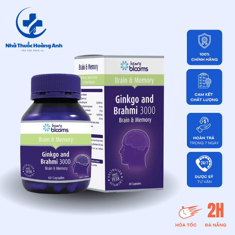 Viên Uống Bổ Não Henry Blooms Ginkgo & Brahmi 3000, Hỗ Trợ Tăng Cường Trí Nhớ, Tuần Hoàn Não 30 Viên
