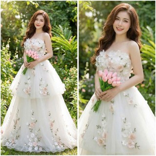 Đầm cưới đi bàn cô dâu dáng cúp ngực 2 tầng đính hoa full size S/M/L/XL nhận may bigsize theo số đo