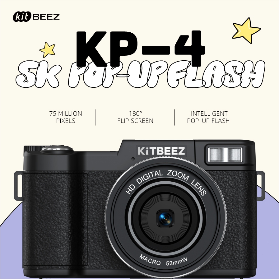 KiTBEEZ-KP 4 🔥 Máy ảnh kỹ thuật số WiFi 75MP 5K 18X Zoom 180 ° Máy ảnh Selfie màn hình Flip cho Máy ảnh Vlogging Video
