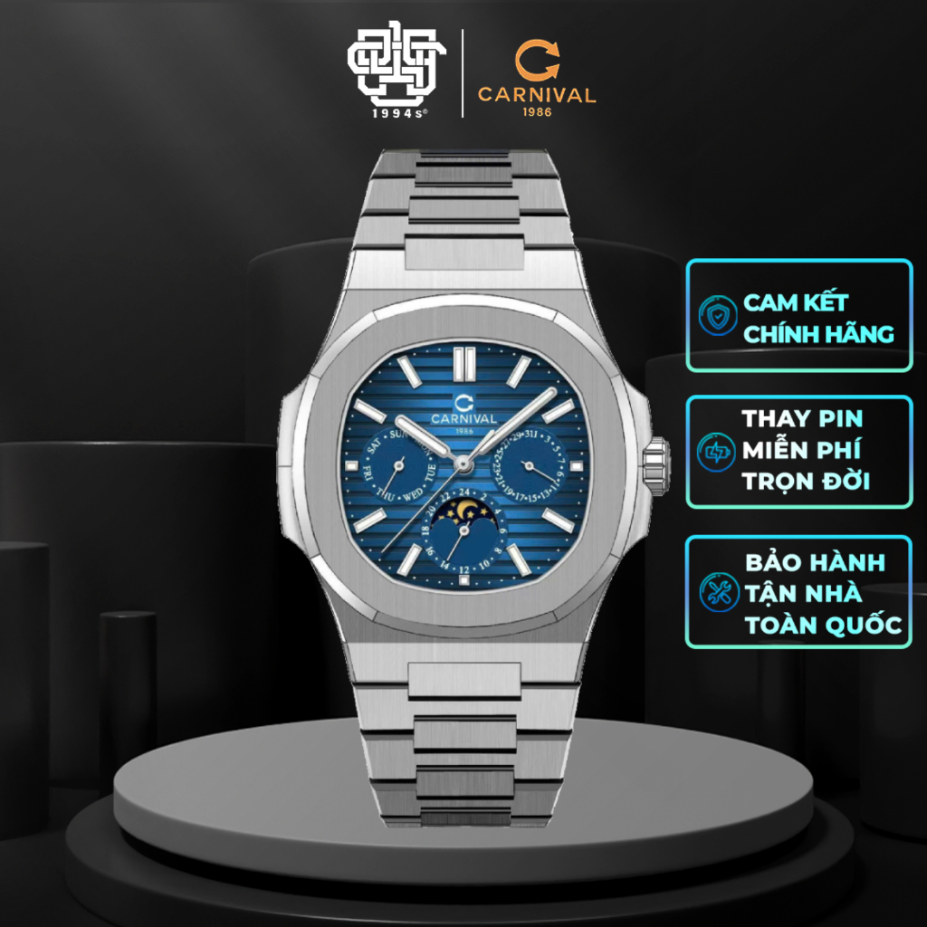 Đồng Hồ Nam CARNIVAL 8179G-VT-X Sun And Moon Automatic Thanh Lịch Hàng Chính Hãng