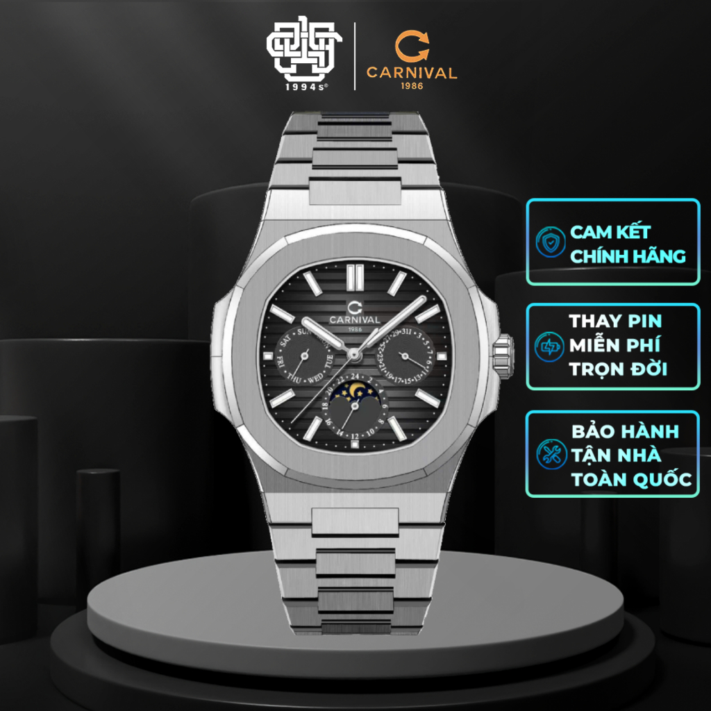 Đồng Hồ Nam CARNIVAL 8179G-VT-D Sun And Moon Automatic Thanh Lịch Hàng Chính Hãng