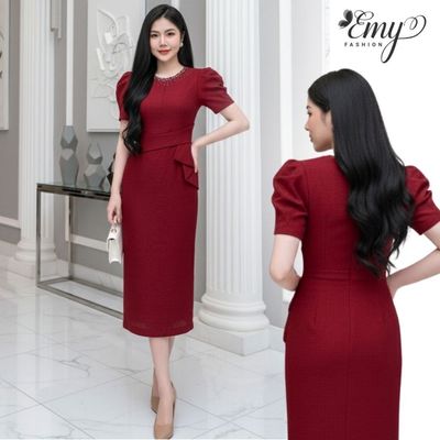 Đầm Dự Tiệc Đỏ Đô Thiết Kế EMY Thời Trang Cao Cấp EM9723 Vải Tuypsi Gân Đi Cưới, Ôm Body Sang Chảnh