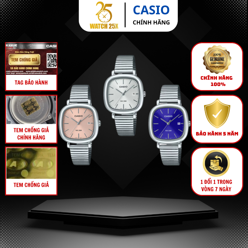 Đồng Hồ Nữ Casio LTP-B166 Watch25x - Mặt Vuông Bo Góc Tối Giản Dây Thép Không Gỉ Kiểu Vuông Lịch Ngà