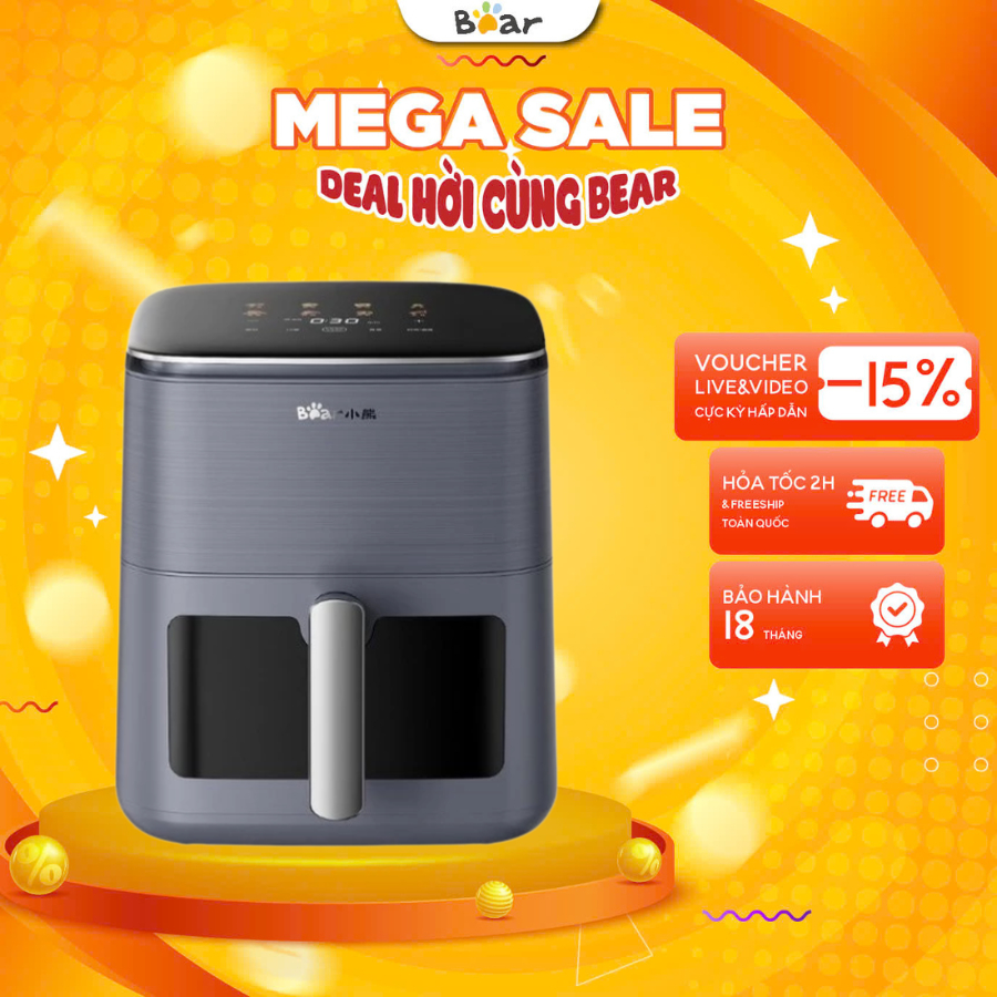 Nồi chiên không dầu 6.2L Bear AF-4H16K (QZG-H16R3),1600W, Menu cảm ứng, Rã đông,Hẹn giờ, BH 18 Tháng