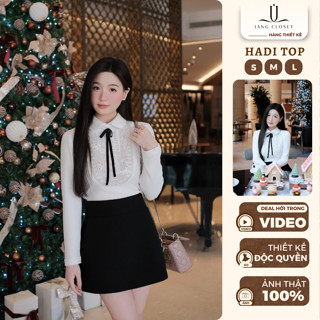   JANGCLOSET  Áo sơ mi nữ Hadi Top phối nơ chất liệu thun lông thỏ co giãn phong cách tiểu thư 