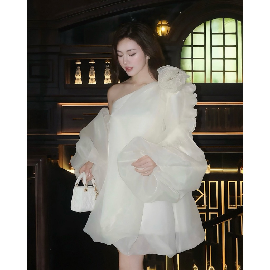 Váy đầm Crushie thiết kế vai chéo Organza đính kết hoa thủ công - Camellia Dress độc quyền Crushie