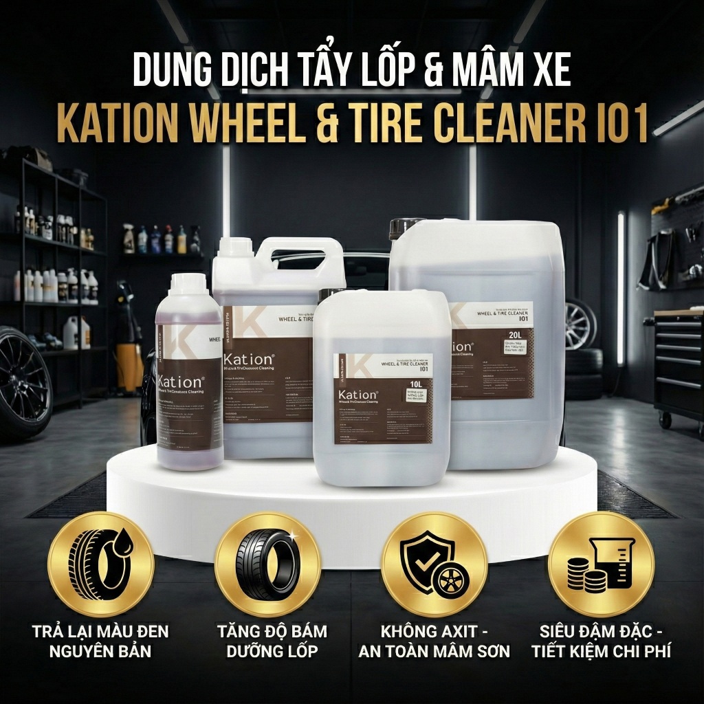 Kation I01 – Dung Dịch Vệ Sinh Lốp & Mâm Xe Siêu Hiệu Quả, An Toàn, Dễ Dùng 1L 5L