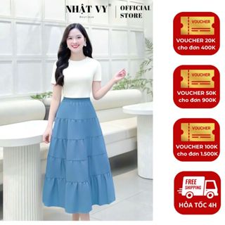  Chân váy LẺ nữ  KHÔNG KÈM ÁO  Nhật Vy dáng dài xoè tầng công sở dự tiệc màu xanh đen trắng - D3518 