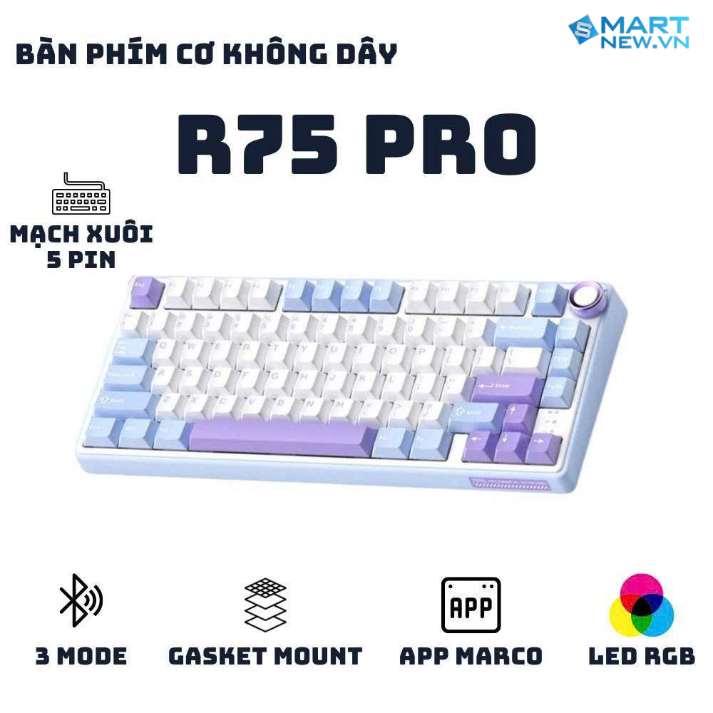 Bàn phím cơ không dây RK R75 Pro - 3 mode - Mạch xuôi 5 pin - App Marco - LED RGB - Full Foam