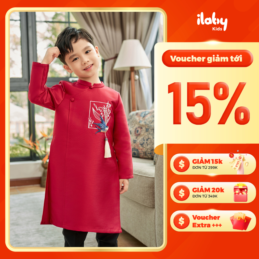 [ILABY HCM] Áo dài tết bé trai GIA KHÁNH màu đỏ thêu chim én (không kèm quần) [2762]