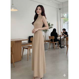 Đầm maxi thun gân cổ tròn kiểu basic thanh lịch