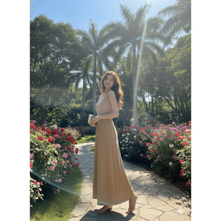 Đầm maxi thun gân cổ tròn kiểu basic thanh lịch