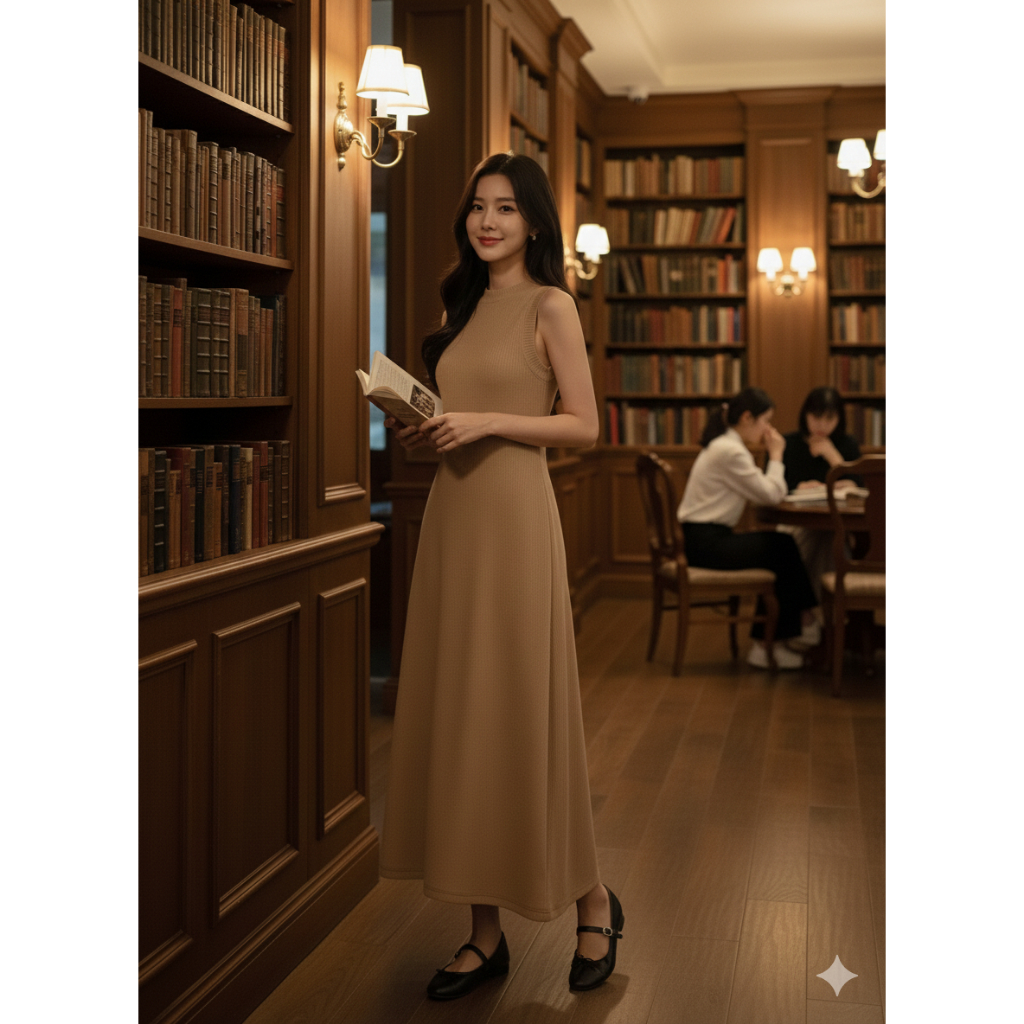 Đầm maxi thun gân cổ tròn kiểu basic thanh lịch