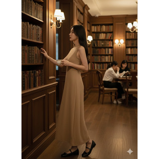Đầm maxi thun gân cổ tròn kiểu basic thanh lịch