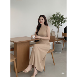 Đầm maxi thun gân cổ tròn kiểu basic thanh lịch