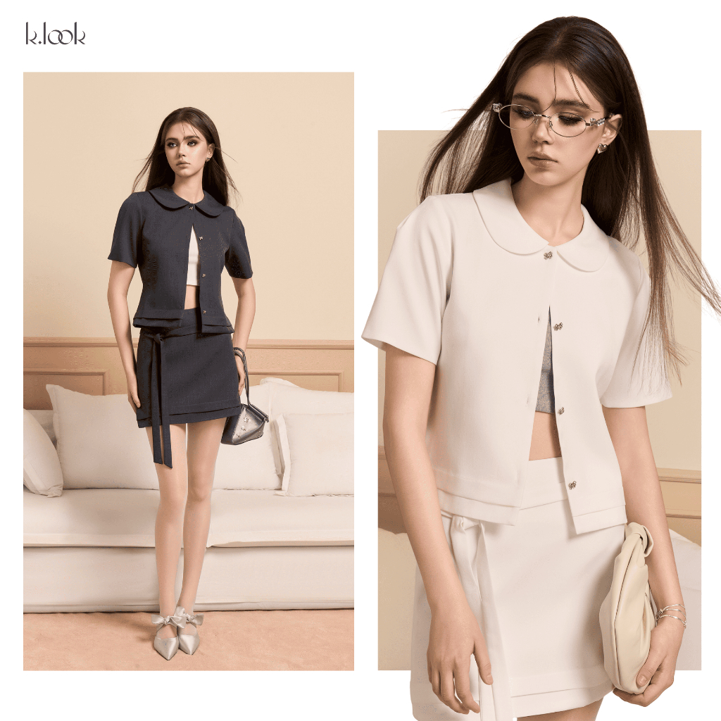 KLOOK Set đồ nữ ÉLORA Seraph, set áo khoác cổ sen mix áo 2 dây kết hợp chân váy buộc dây