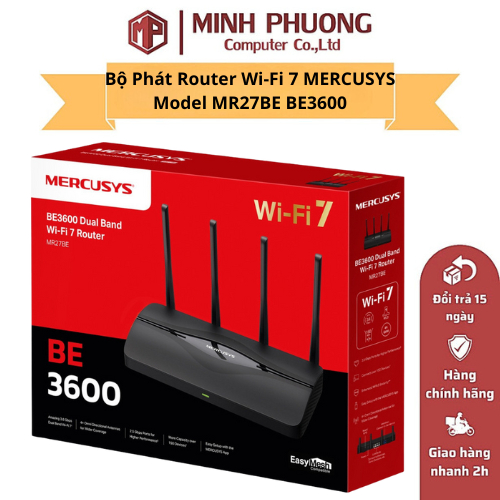 Bộ Phát Router Wi-Fi 7 MERCUSYS Model MR27BE BE3600 Băng Tần Kép Tốc Độ 3.6 Gbps, Công Nghệ Đa Dạng,