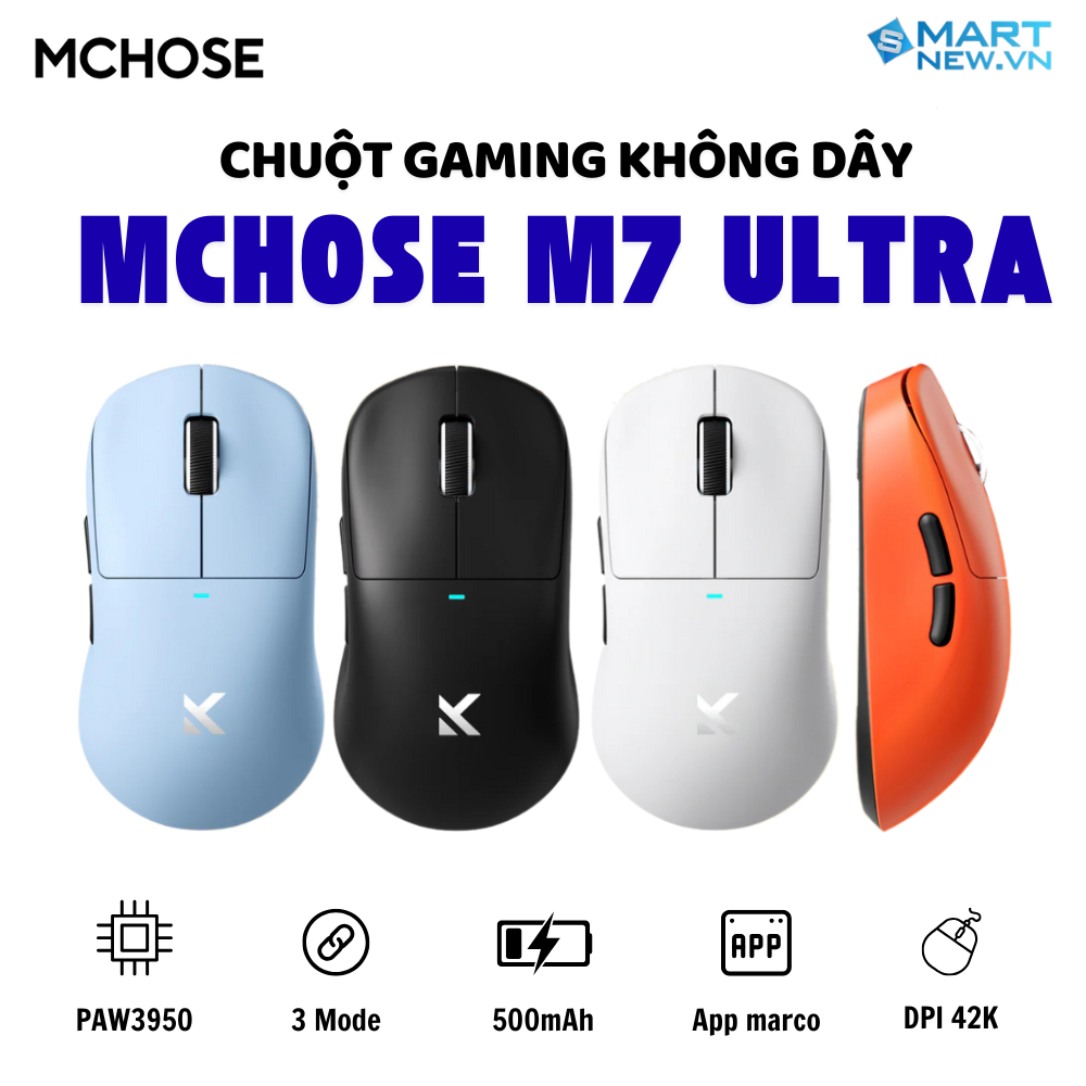 Chuột không dây MCHOSE M7 ULTRA - 3 mode kết nối - Paw3950 - Pin 500mAh - DPD 42000 - APP tùy chỉnh