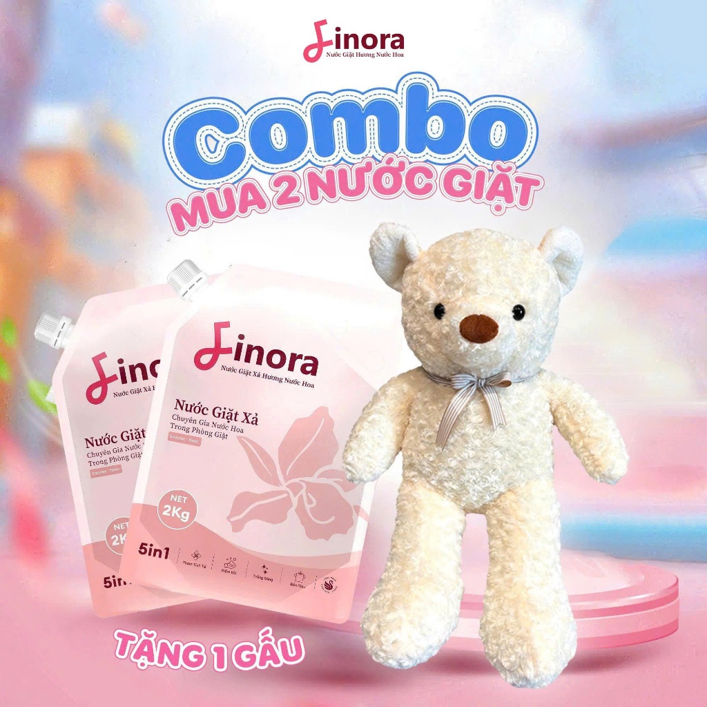 Combo 2 Nước Giặt Finora loại túi 2L + TẶNG 1 Gấu Teddy màu ngẫu nhiên