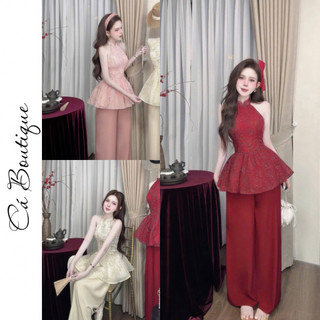  set yếm “xô ánh kim” cao cấp áo cổ yếm hở lưng ôm eo xoè phối quần dài mềm mịn màu đỏ tết Cá Boutique 