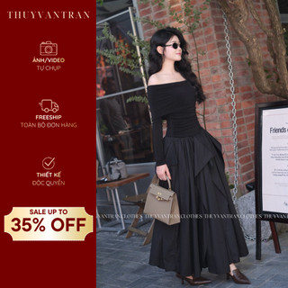  Váy trễ vai nhúng dài tay mix chân váy thô hàn xoè  kèm tag rời  THUYVANTRAN 