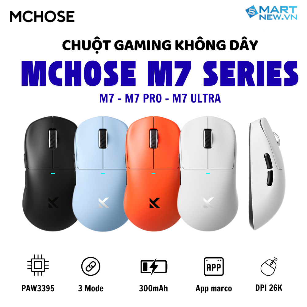 Chuột không dây MCHOSE M7 Series - 3 mode kết nối - Paw3395 - DPD 26000 - APP tùy chỉnh