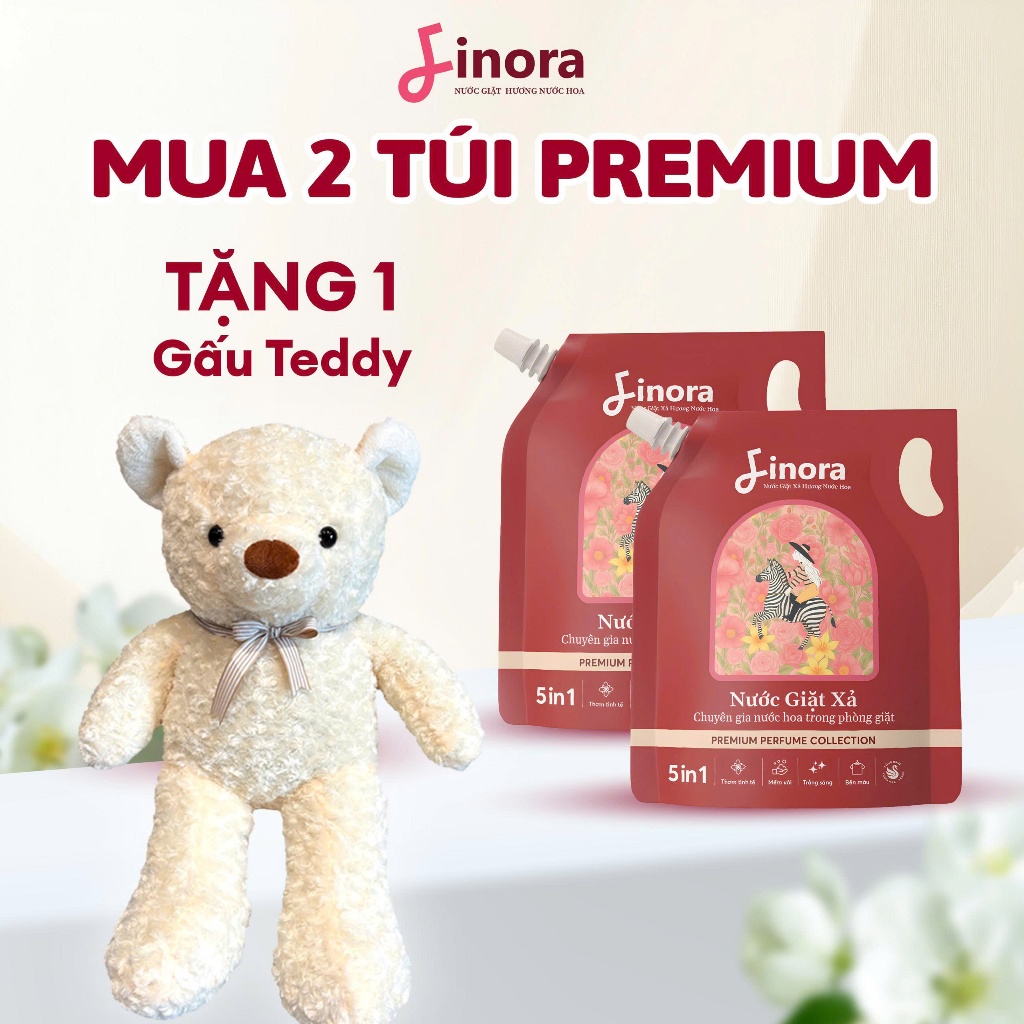 Combo 2 túi nước giặt Finora phiên bản Premium 1 Lít + Tặng 1 gấu Teddy - Nước giặt mỗi túi 1 lít