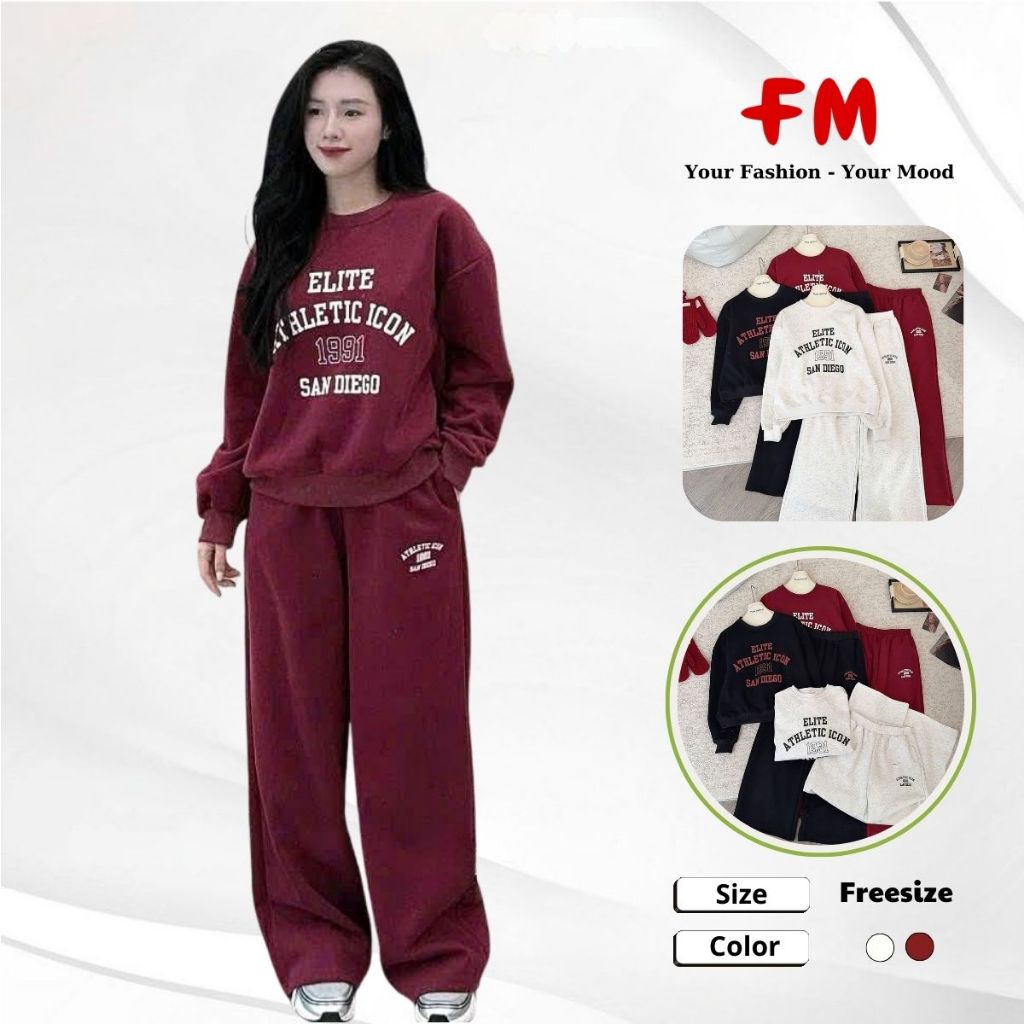 Set Đồ Bộ Nỉ Nữ FMSTYLE SHOP –  Áo Tay Dài Cổ Tròn In Số 1991 Kèm Quần Nỉ Mặc Ấm Mùa Thu Đông