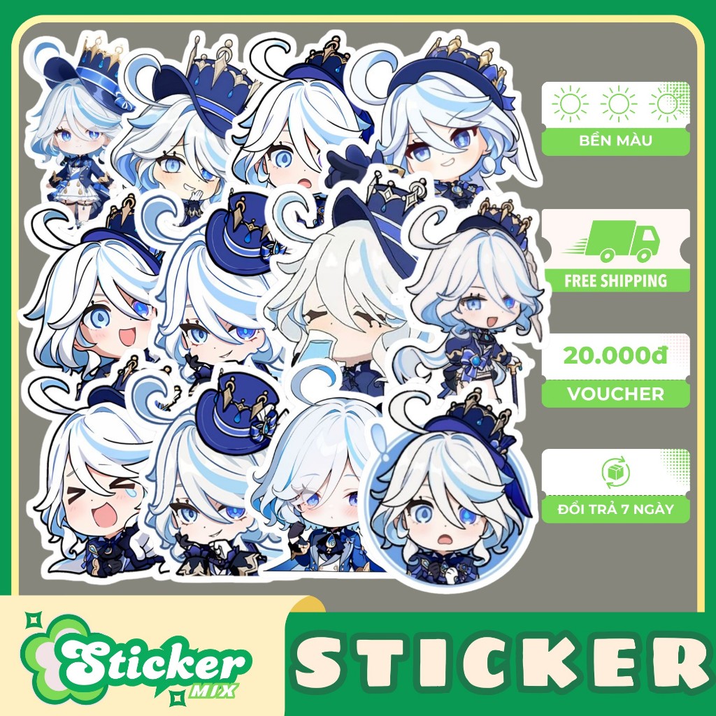 Bộ 50 sticker FURINA Genshin Impact Anime hoạt hình dễ thương chống nước trang trí hộp bút, ốp lưng.
