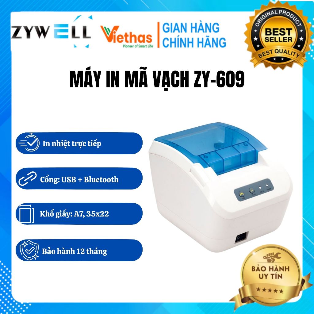 Máy in nhiệt Zywell ZY609 USB + Bluetooth, in tem nhãn mã vạch và hóa đơn bán hàng khổ giấy 80mm